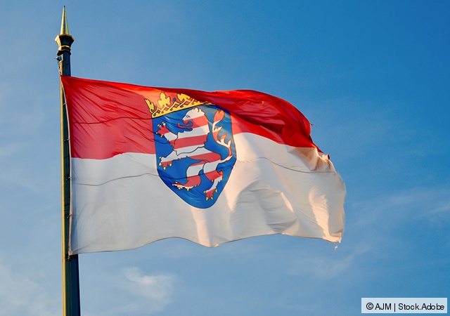 Hessische Flagge mit Landeswappen im Wind