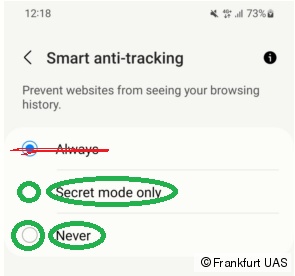 Screenshot of the &quot;Smart anti-tracking&quot; settings on an Android mobile device being set to either &quot;Secret mode only&quot; or &quot;Never&quot;.