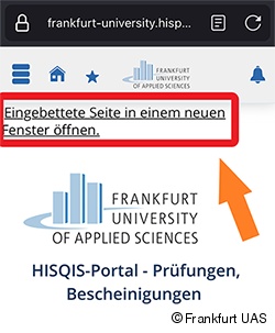 &quot;Eingebettete Seite in einem neuen Fenster öffnen&quot; wird als Link angezeigt.