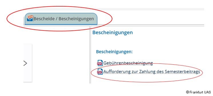 Unter &quot;Bescheide/Bescheinigung&quot; wird &quot;Aufforderung zur Zahlung&quot; angeklickt.