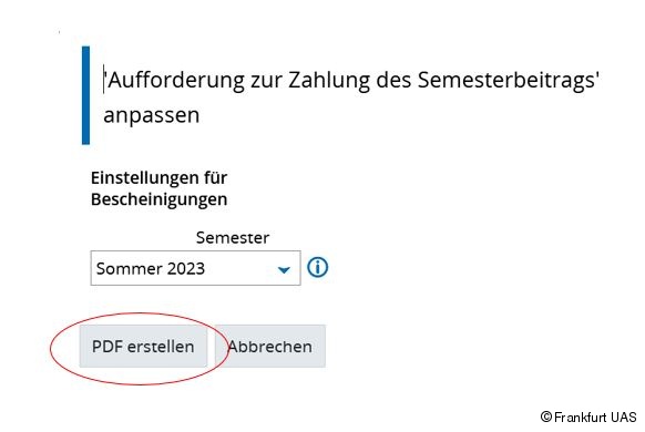 Unter "Aufforderung zur Zahlung des Semesterbeitrags" wird das entsprechende Semester ausgewählt und auf "PDF erstellen" gedrückt.