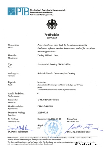 Test report of the Physikalisch-Technische Bundesanstalt (PTB) for the validation of the implemented algorithms of JAG3D for the best fit of form elements according to the least squares method