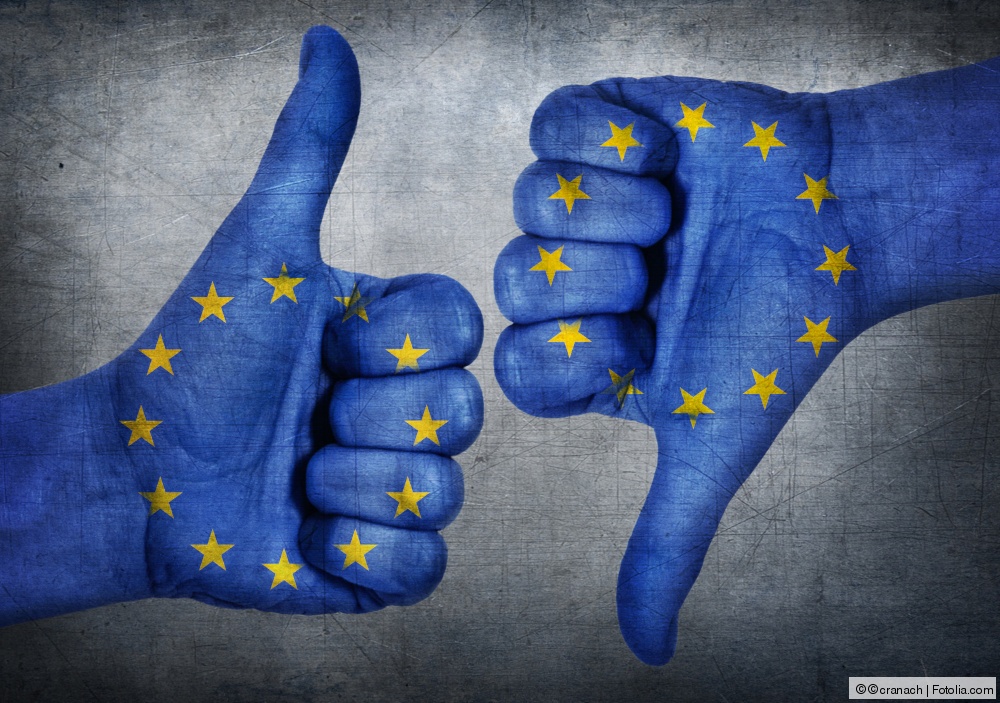 Hand with thumb up and down with the EU flag painted. Symbol of positivity and crisis in european union.
