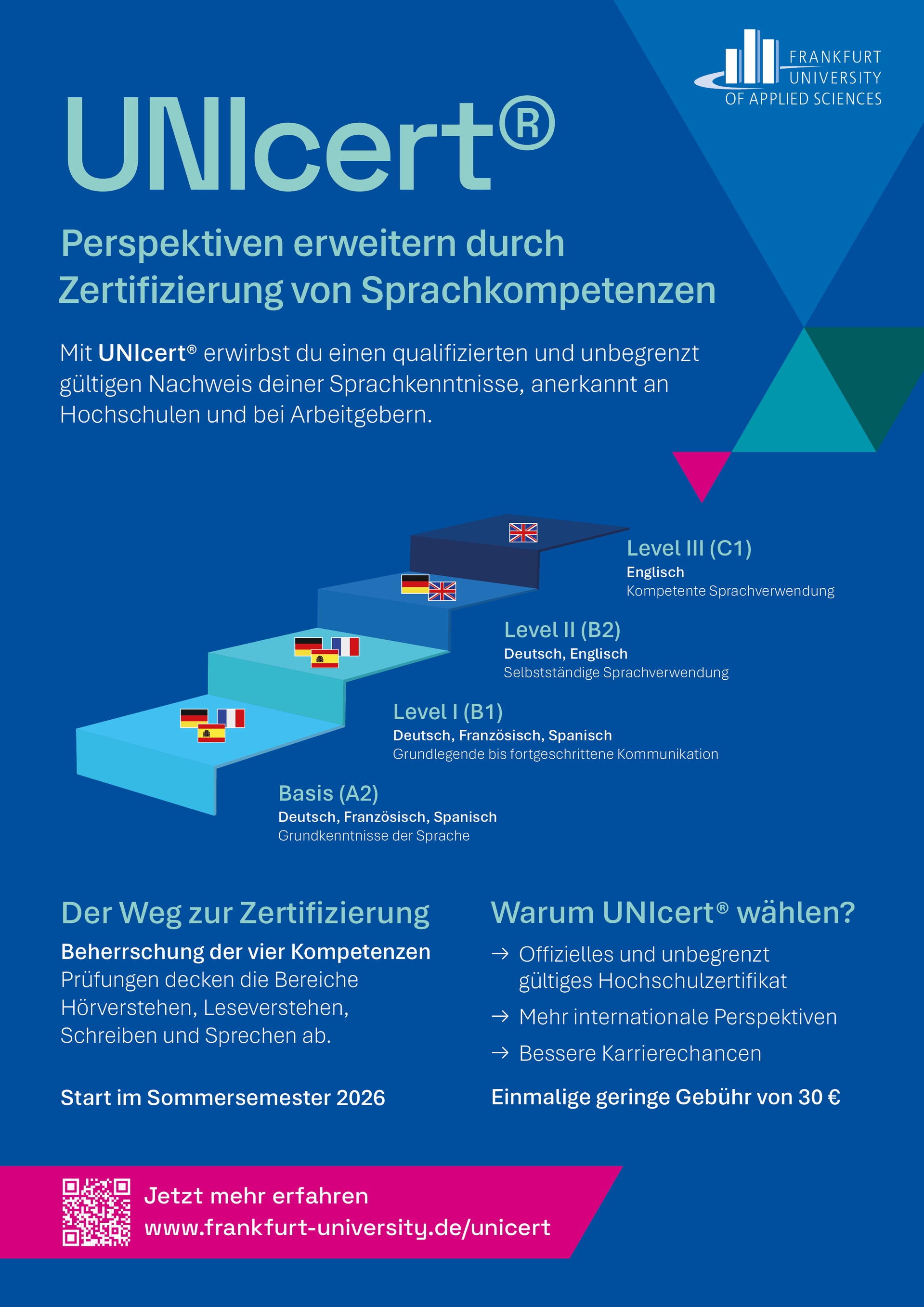 Plakat der Frankfurt University of Applied Sciences für UNIcert-Sprachzertifizierung. Titel: 'Perspektiven erweitern durch Zertifizierung von Sprachkompetenzen'. Eine vierstufige Treppengrafik zeigt die Niveaustufen: Basis A2 (Deutsch, Französisch, Spanisch), Level I B1 (Deutsch, Französisch, Spanisch), Level II B2 (Deutsch, Englisch), Level III C1 (Englisch). Start im Sommersemester 2026, einmalige Gebühr von 30 Euro. Quelle: Claude